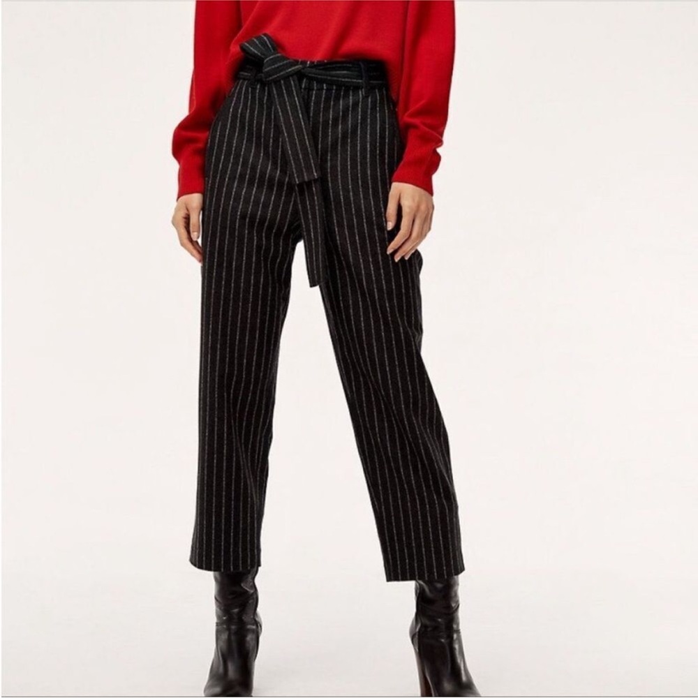 NWOT Aritzia Wilfred Jallade Black Pinstripe Italian Wool Tie Waist Trousers